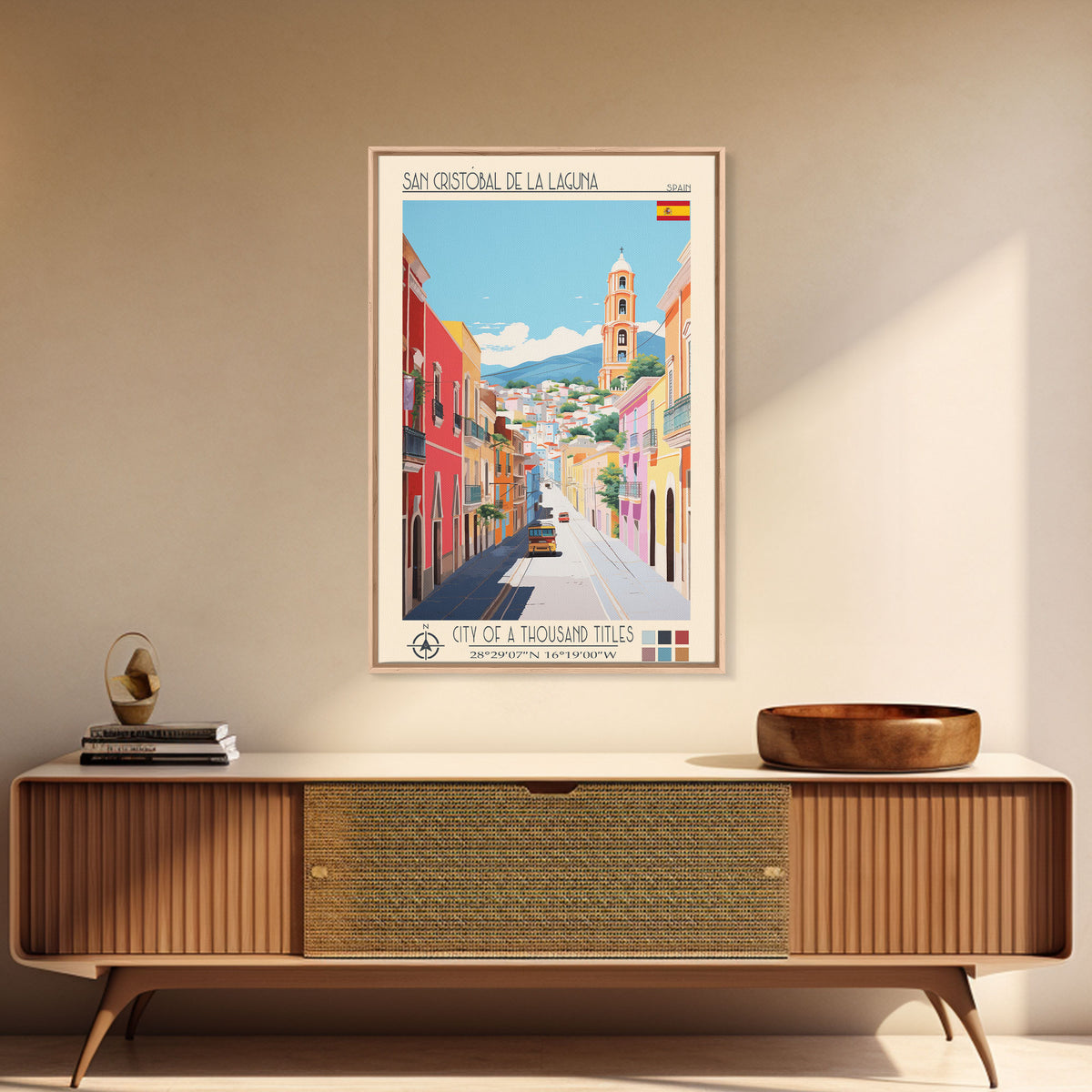 San Cristóbal de La Laguna Spain Travel Poster Framed Canvas Print, Midcentury Modern Art, Pop Art Wall Decor, Bedroom Decor, Scenic Art