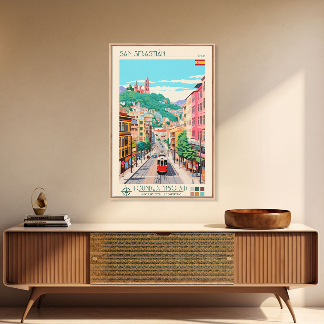 San Sebastian Spain Travel Poster Framed Canvas Print, Midcentury Modern Art, Pop Art Wall Decor, Home Decor, Office Art