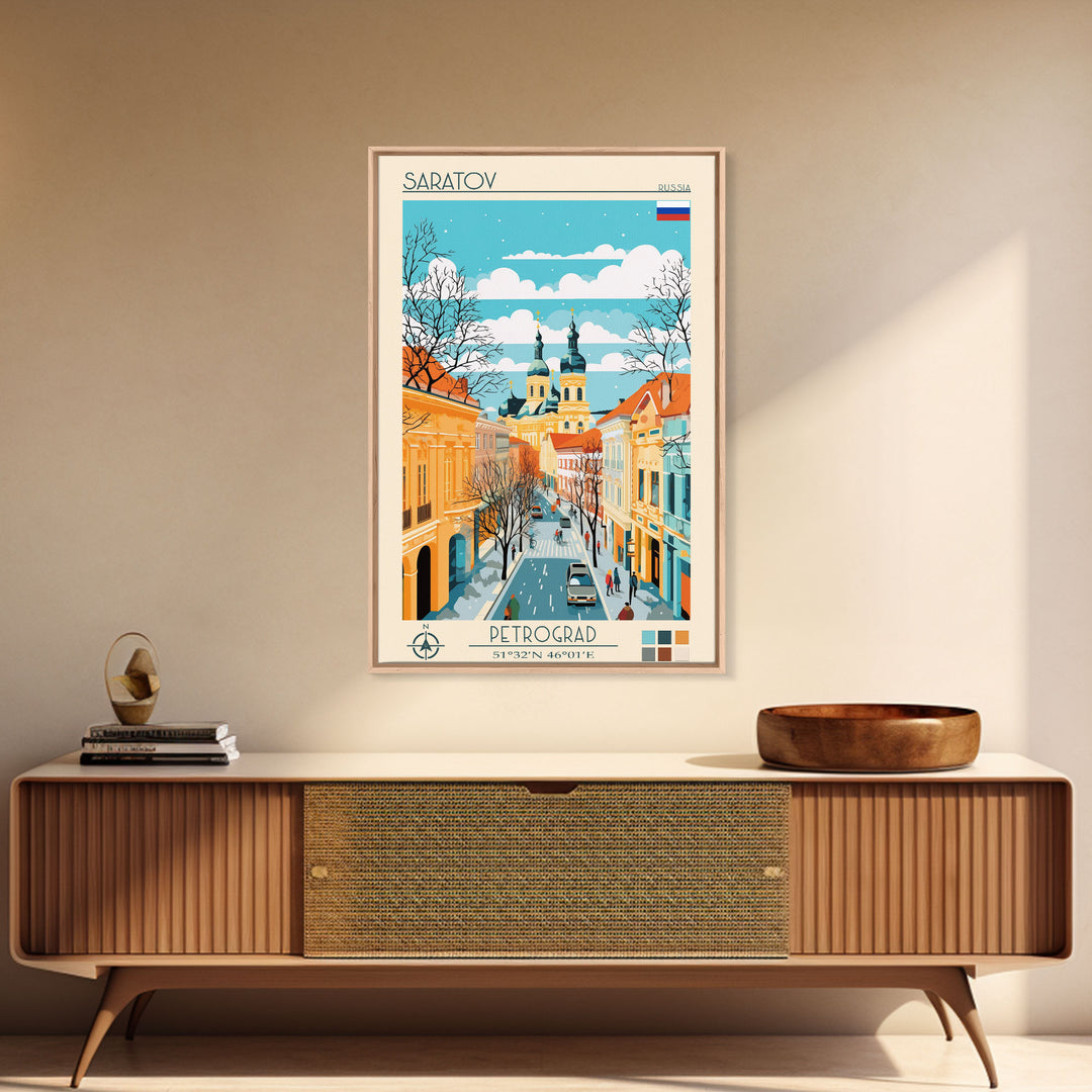 Saratov Russia Travel Poster Framed Canvas Print, Midcentury Modern Art, Pop Art Wall Decor, Home Decor, Vacation Gift
