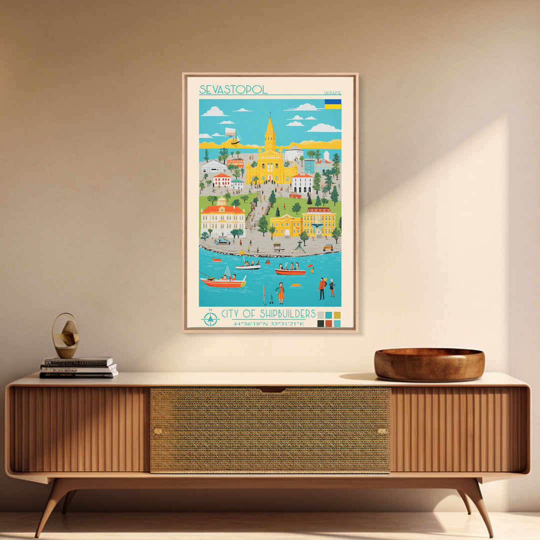 Sevastopol Ukraine Travel Poster Framed Canvas Print, Midcentury Modern Art, Pop Art Wall Decor, Bedroom Decor, Vacation Gift