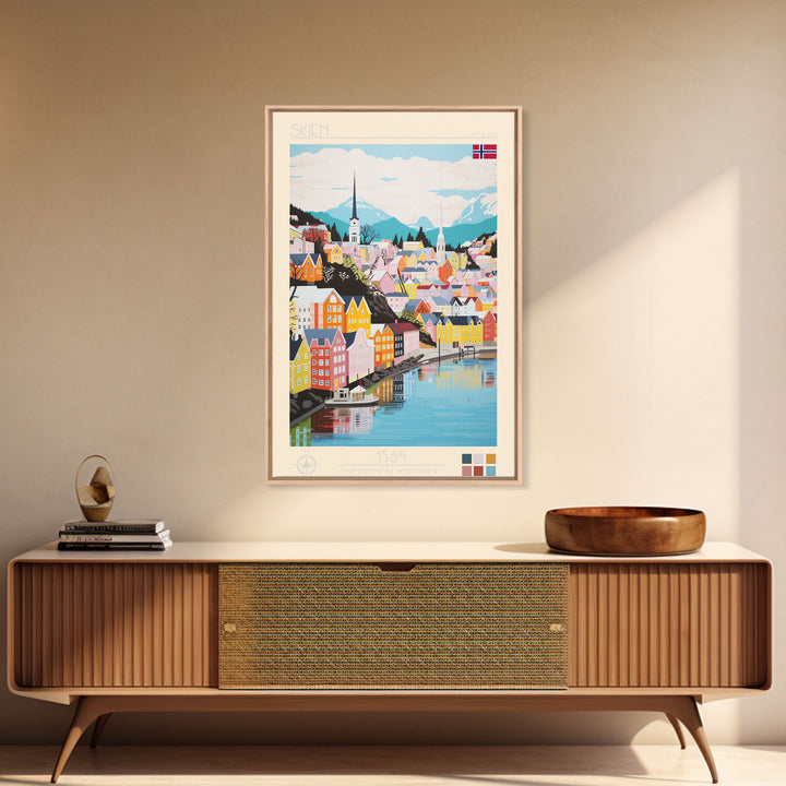 Skien Norway Travel Poster Framed Canvas Print, Midcentury Modern Art, Pop Art Wall Decor, Scenic Wall Art, Bedroom Art