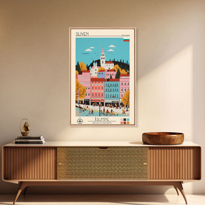 Sliven Bulgaria Travel Poster Framed Canvas Print, Midcentury Modern Art, Pop Art Wall Decor, Living Room Art, Vacation Gift