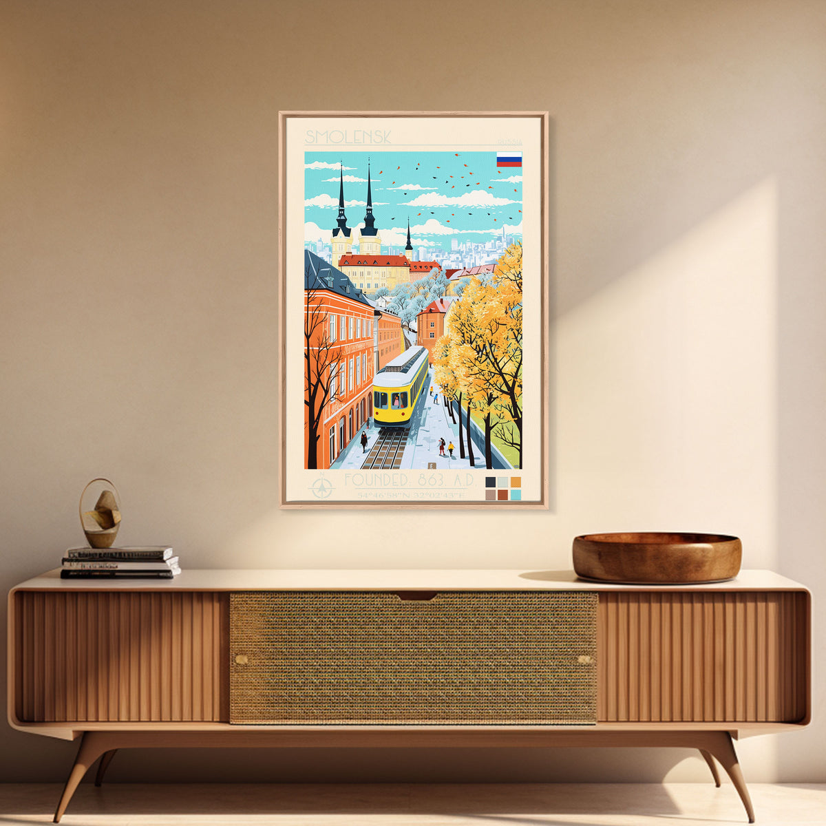 Smolensk Russia Travel Poster Framed Canvas Print, Midcentury Modern Art, Pop Art Wall Decor, Home Decor, Office Art