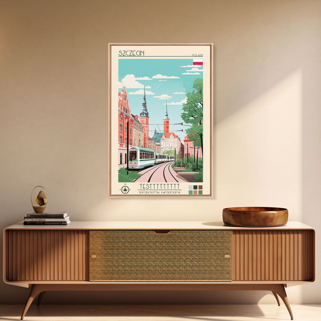 Szczecin Poland Travel Poster Framed Canvas Print, Midcentury Modern Art, Pop Art Wall Decor, Living Room Art, Scenic Wall Art