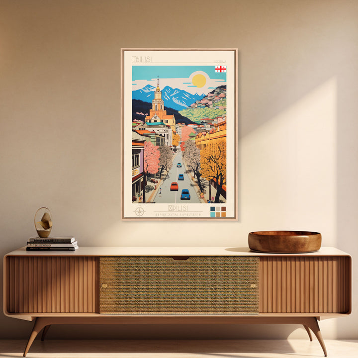 Tbilisi Georgia Travel Poster Framed Canvas Print, Midcentury Modern Art, Pop Art Wall Decor, Living Room Art, Home Decoration