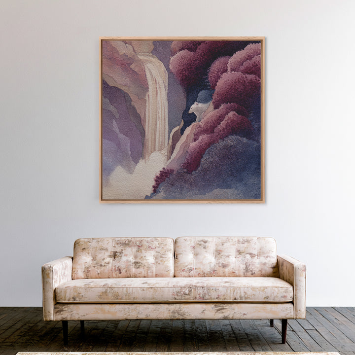 Mythic Waterfall Guarded by White Wolves Framed Canvas Print, Fantasy Art, Dragon Art, Living Room Decor, Watercolor Art, FAN-1x1-24