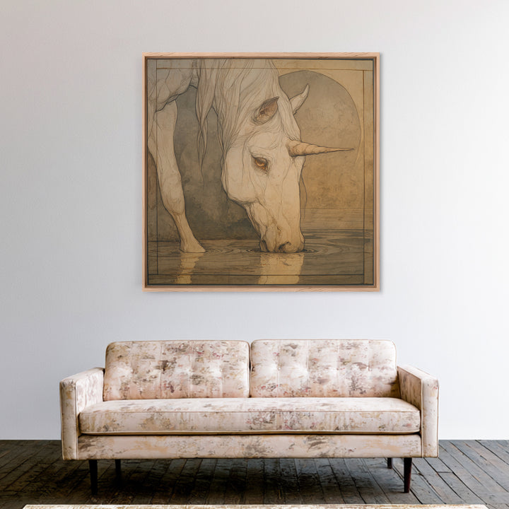 Unicorn Drinking from a Silver Stream Framed Canvas Print, Fantasy Art, Art Print, Living Room Decor, Fine Art, Mythic, FAN-1x1-40