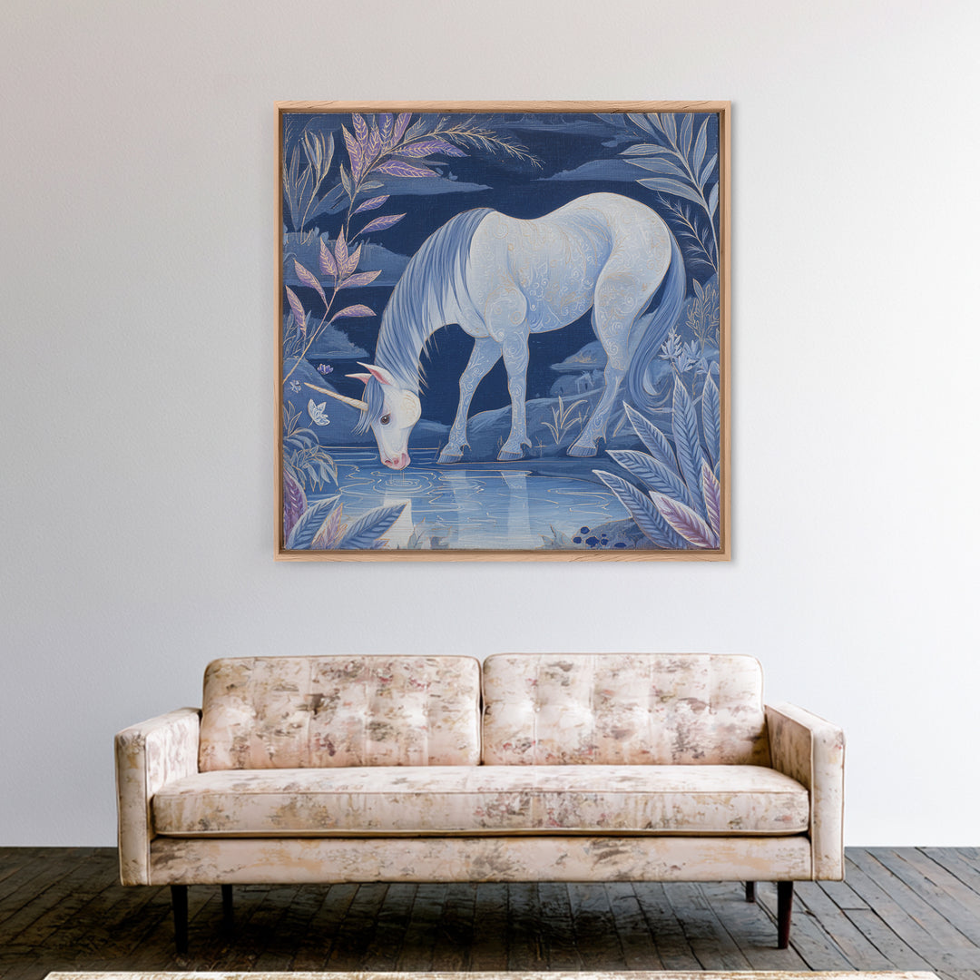 Unicorn Drinking from a Silver Stream Framed Canvas Print, Fantasy Art, Textured Painting, Living Room Decor, Fine Art, Mythic, FAN-1x1-88