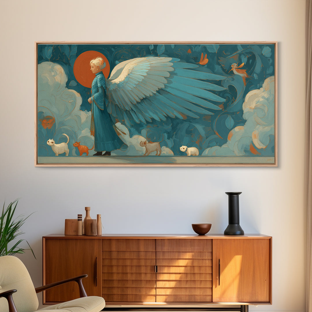 Angelic Warrior with Radiant Wings Framed Canvas Print, Fantasy Art, Fantasy Home Decor, Living Room Decor, Fine Art, Mythic, FAN-2x1-67