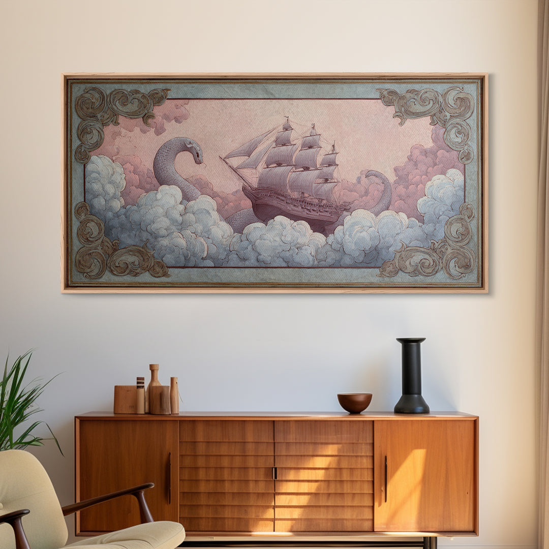 Unicorn Drinking from a Silver Stream Framed Canvas Print, Fantasy Art, Landscape, Living Room Decor, Fine Art, Mythic, FAN-2x1-84