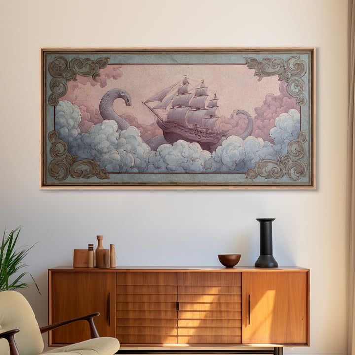 Unicorn Drinking from a Silver Stream Framed Canvas Print, Fantasy Art, Landscape, Living Room Decor, Fine Art, Mythic, FAN-2x1-84