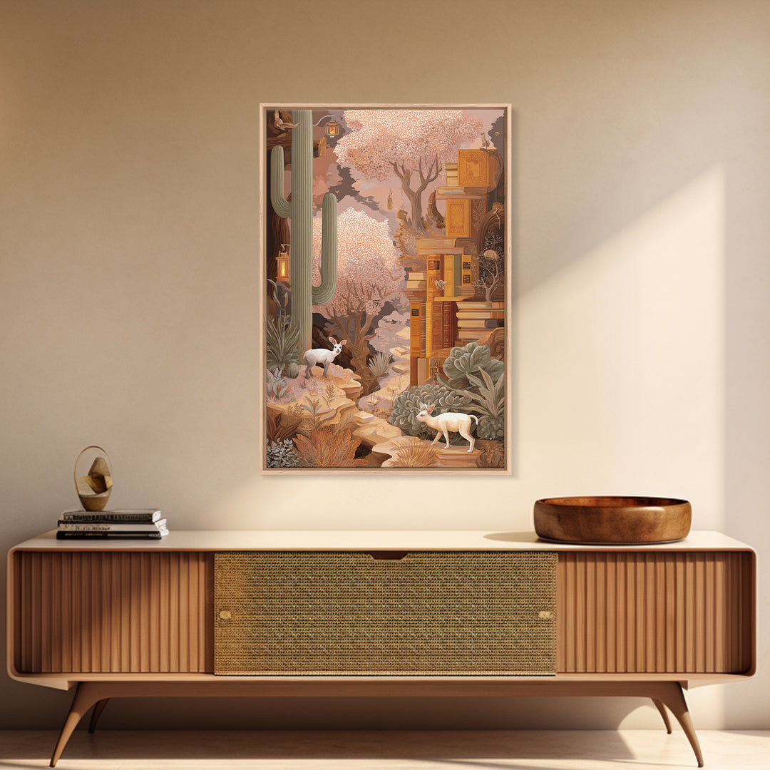 Enchanted Library with Floating Books Framed Canvas Print, Fantasy Art, Statement Artwork, Living Room Decor, Fine Art, Mythic, FAN-2x3-4