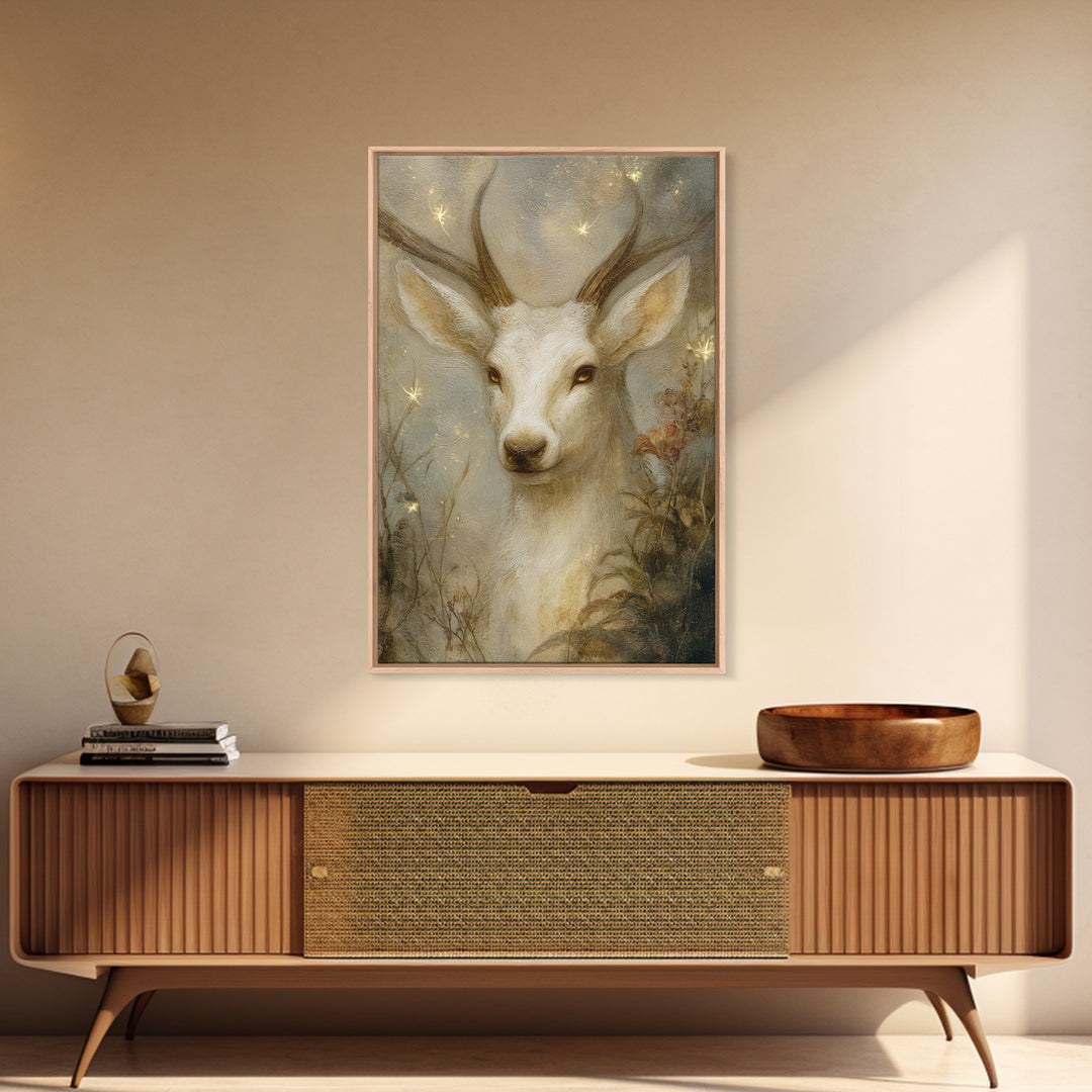 Mythic Waterfall Guarded by White Wolves Framed Canvas Print, Fantasy Art, Fantasy Art Prints, Living Room Decor, Oil Painting, FAN-2x3-8