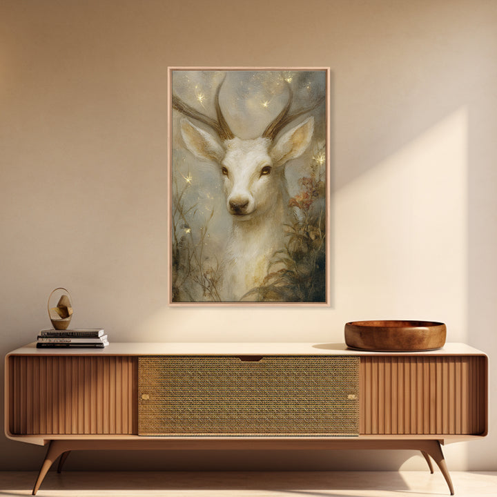 Mythic Waterfall Guarded by White Wolves Framed Canvas Print, Fantasy Art, Fantasy Art Prints, Living Room Decor, Oil Painting, FAN-2x3-8