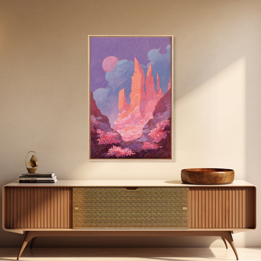 Wizard Tower under a Violet Storm Sky Framed Canvas Print, Fantasy Art, Dragon Art, Living Room Decor, Fine Art, Mythic, FAN-2x3-84
