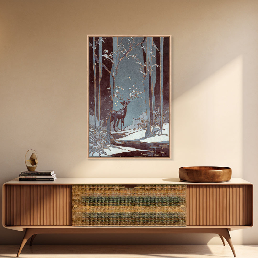 Forest Spirit with Antlers and Glowing Eyes Framed Canvas Print, Fantasy Art, Gallery Decor, Living Room Decor, Mythic, FAN-2x3-92