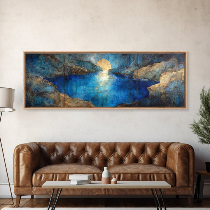 Crystal Cave with Luminous Blue Reflections Canvas Print, Fantasy Art, Art Print, Living Room Decor, Oil Painting, Mythic, FAN-3x1-70