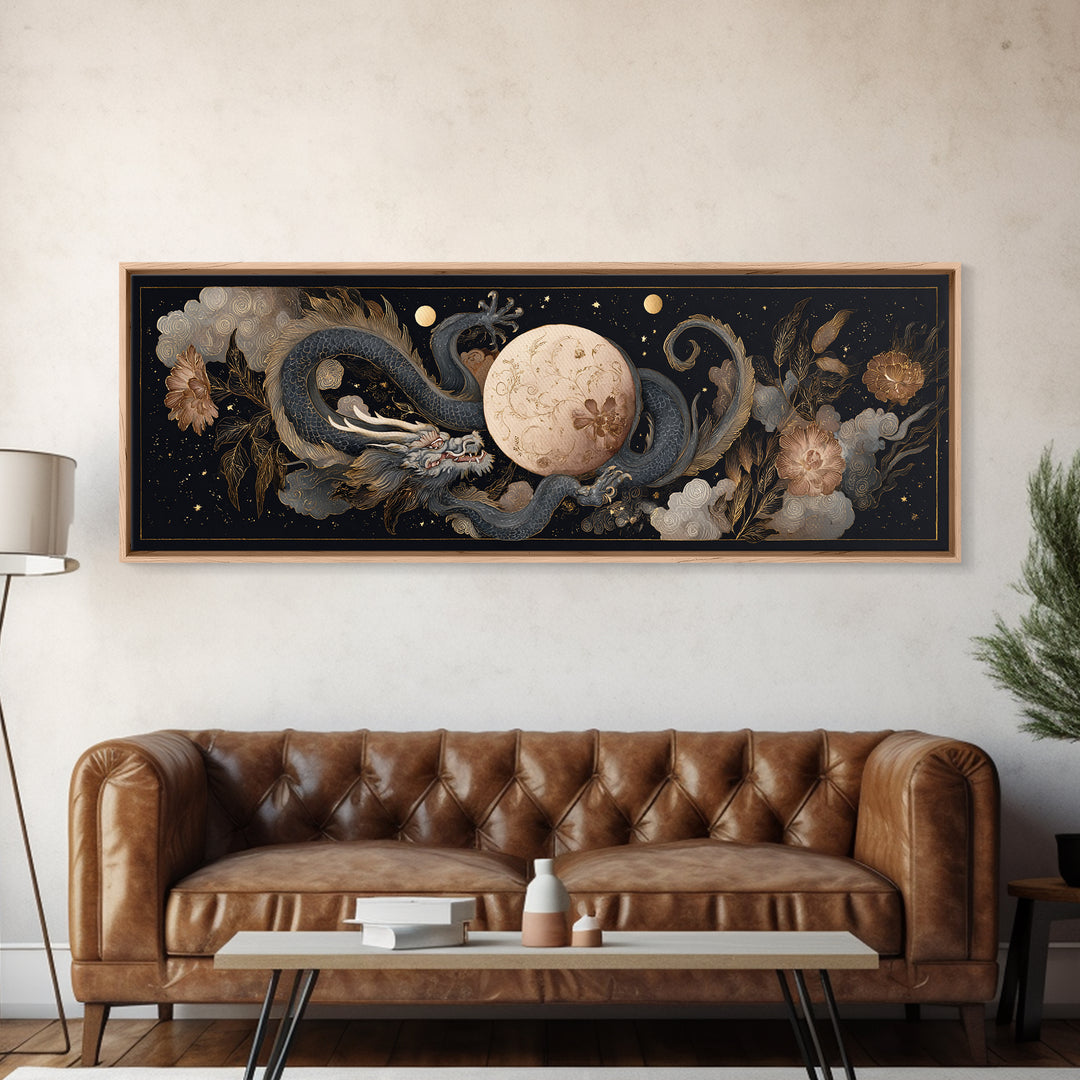 Celestial Dragon Wrapped Around a Moon Canvas Print, Fantasy Art, Art, Living Room Decor, Fine Art, Mythic, Watercolor Painting, FAN-3x1-78