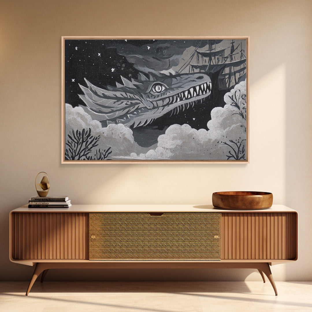 Dragon Soaring Above Jagged Mountain Peaks Canvas Print, Fantasy Art, Surreal Art, Living Room Decor, Fine Art, Mythic, FAN-3x2-53