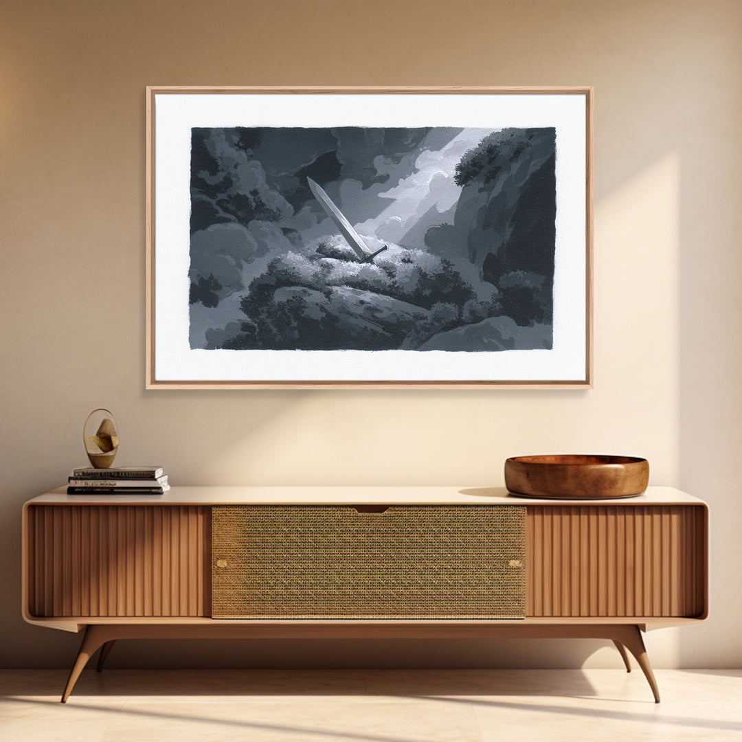 Magic Sword Embedded Framed Canvas Print, Fantasy Art, Digital Print, Living Room Decor, Fine Art, Mythic, Dragon Art, FAN-3x2-63