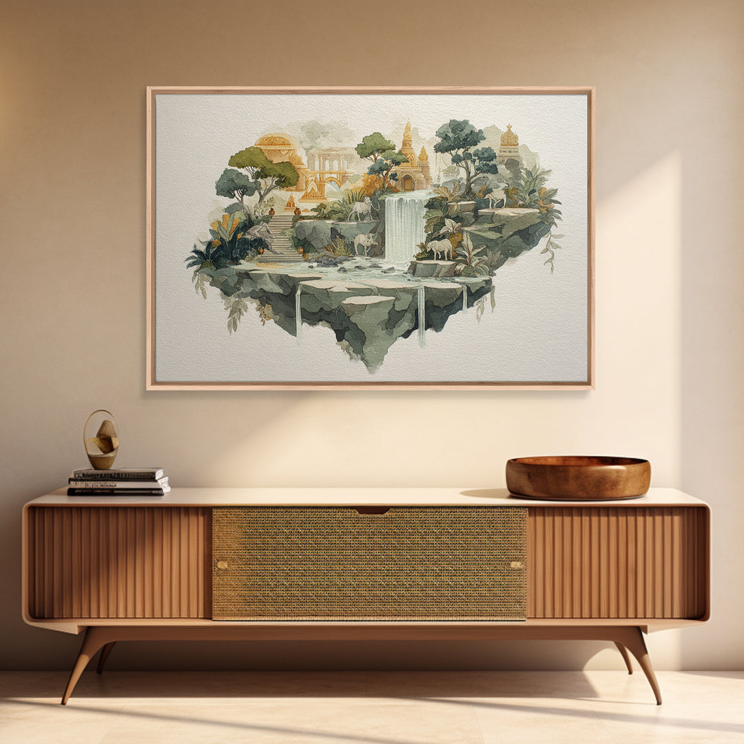 Floating Island with Waterfalls and Ancient Ruins Canvas Print, Fantasy Art, Fantasy Art Print, Living Room Decor, Mythic, FAN-3x2-79