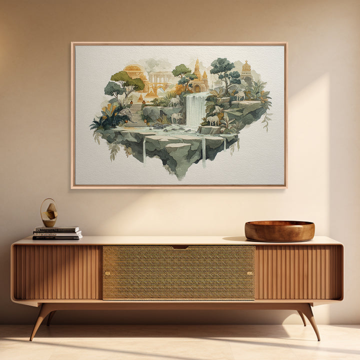 Floating Island with Waterfalls and Ancient Ruins Canvas Print, Fantasy Art, Fantasy Art Print, Living Room Decor, Mythic, FAN-3x2-79