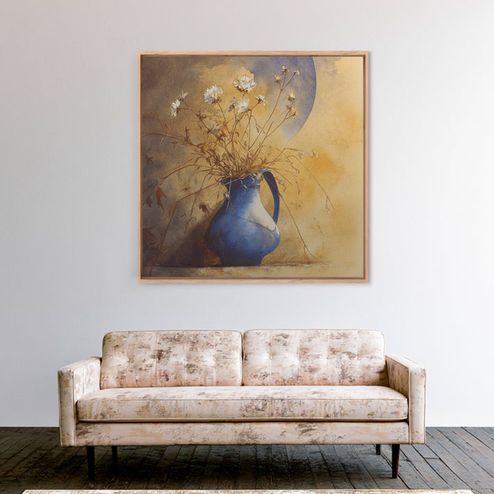 Blue Enamel Pitcher Framed Canvas Print, Farmhouse Art, Art Print, Farmhouse Decor, Watercolor Art, Harvest, Digital Art, FAR-1x1-40