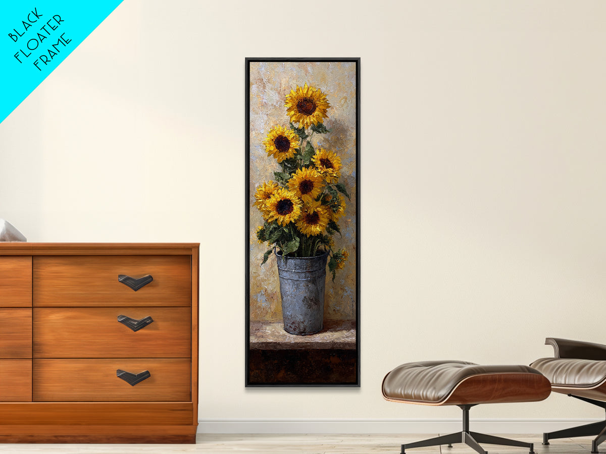 Sunflowers in a Galvanized Metal Bucket Framed Canvas Print, Farmhouse Art, Landscape Painting, Farmhouse Decor, Harvest, FAR-1x3-87