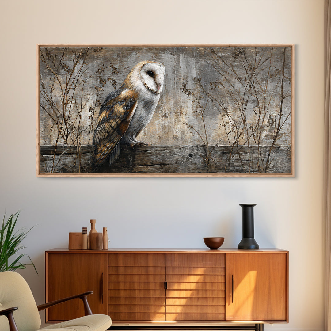 Barn Owl Perched on Aged Wood Framed Canvas Print, Farmhouse Art, Gallery Wall, Farmhouse Decor, Fine Art, Harvest, Art Print, FAR-2x1-19