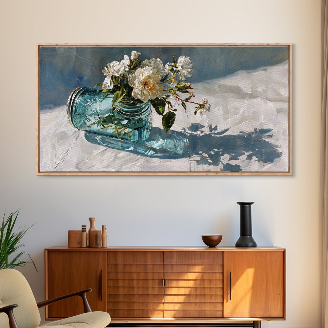 Wildflowers in a Mason Jar on Linen Framed Canvas Print, Farmhouse Art, Digital Print, Farmhouse Decor, Oil Painting, Harvest, FAR-2x1-3