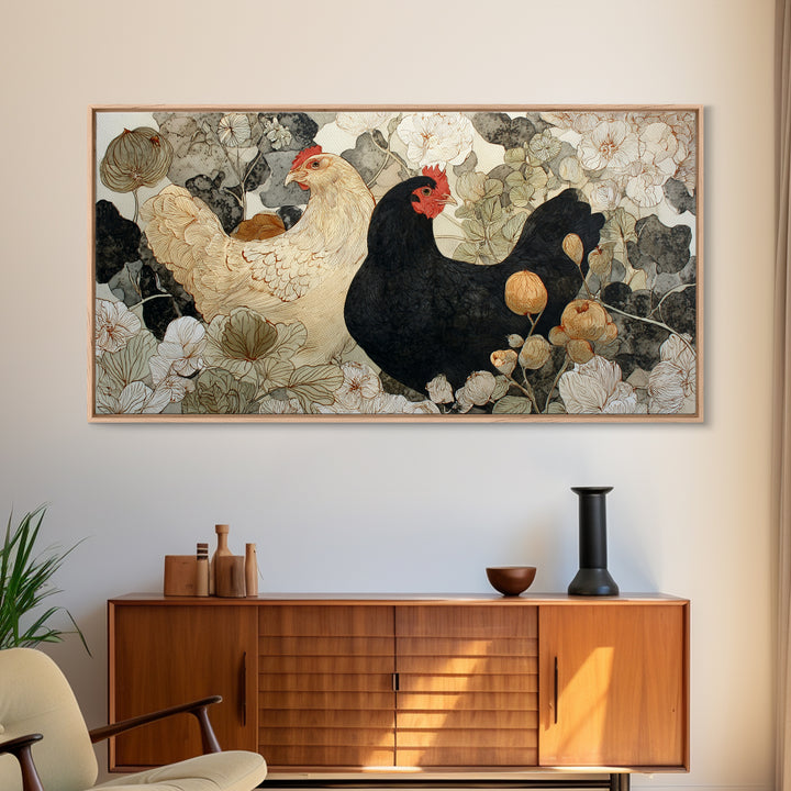Chicken Family in a Garden Patch Framed Canvas Print, Farmhouse Art, Black Wall Art, Farmhouse Decor, Watercolor Art, Harvest, FAR-2x1-59