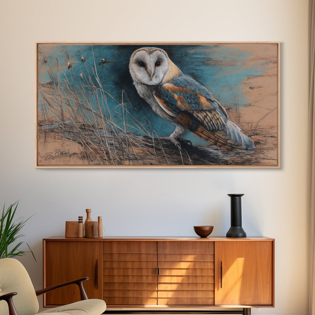 Barn Owl Perched on Aged Wood Framed Canvas Print, Farmhouse Art, Landscape Art, Farmhouse Decor, Fine Art, Harvest, FAR-2x1-67