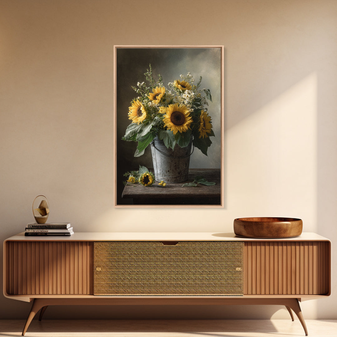 Sunflowers in a Galvanized Metal Bucket Canvas Print, Farmhouse Art, Botanical Art, Farmhouse Decor, Fine Art, Harvest, FAR-2x3-11