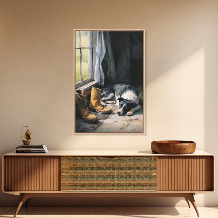 Farm Dog Lying Beside Weathered Boots Framed Canvas Print, Farmhouse Art, Wall Decor, Farmhouse Decor, Abstract Art, Harvest, FAR-2x3-17