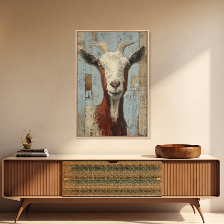 Goat Portrait with Playful Expression Framed Canvas Print, Farmhouse Art, Boho Decor, Farmhouse Decor, Fine Art, Harvest, FAR-2x3-2