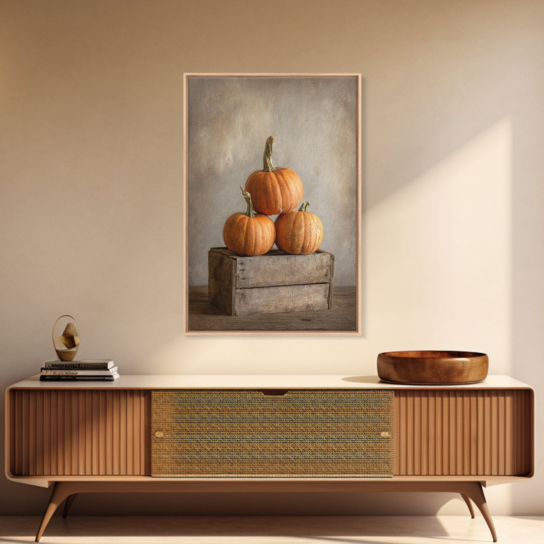 Pumpkins Stacked on a Wooden Crate Framed Canvas Print, Farmhouse Art, Contemporary Art, Farmhouse Decor, Oil Painting, Harvest, FAR-2x3-21