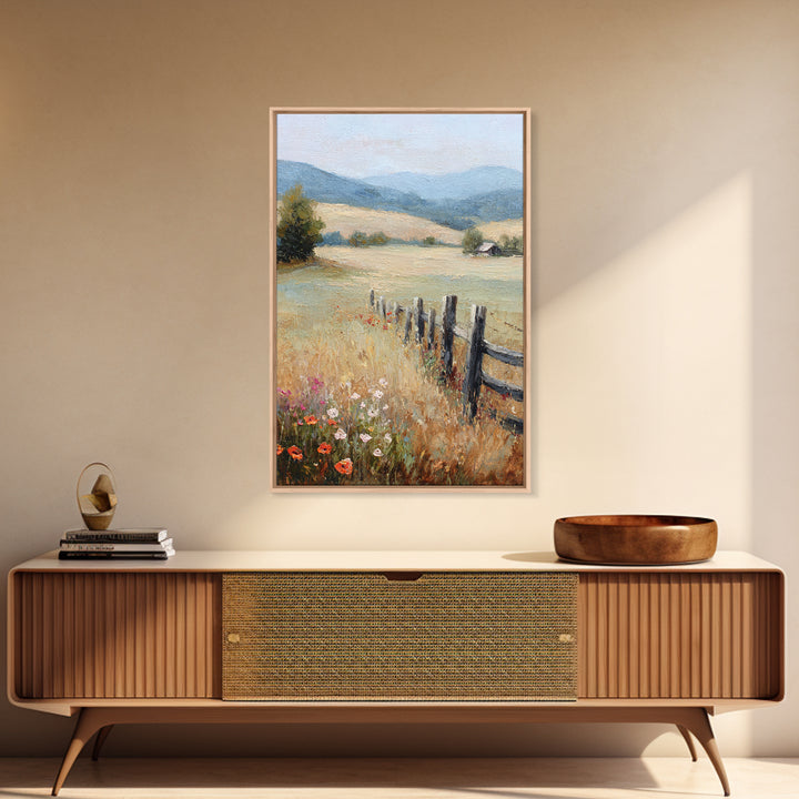 Country Landscape with Fence and Rolling Hills Framed Canvas Print, Farmhouse Art, Textured Painting, Farmhouse Decor, Harvest, FAR-2x3-22