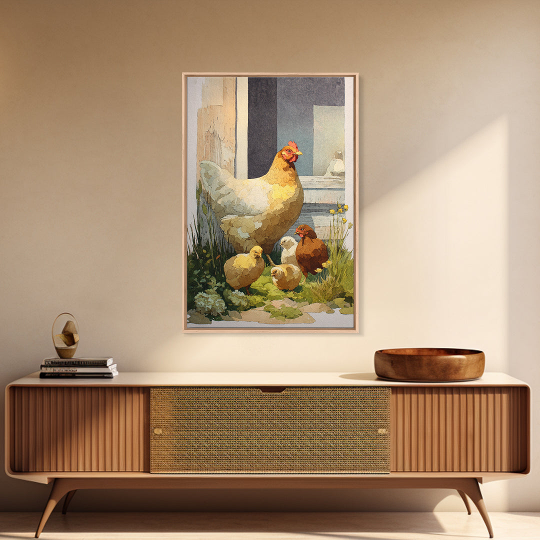 Chicken Family in a Garden Patch Canvas Print, Farmhouse Art, Art Print, Farmhouse Decor, Fine Art, Harvest, Digital Art, FAR-2x3-23
