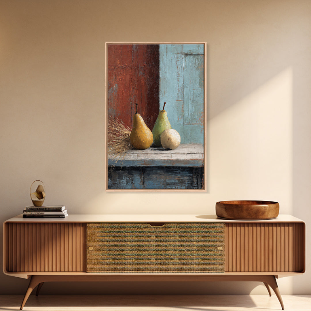 Rustic Pear Still Life on Plank Wood Framed Canvas Print, Farmhouse Art, Landscape Art, Farmhouse Decor, Fine Art, Harvest, FAR-2x3-3