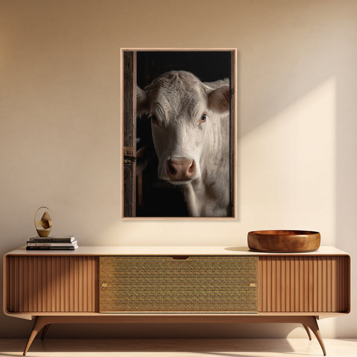 White Cow Portrait Framed Canvas Print, Farmhouse Art, Printable Wall Art, Farmhouse Decor, Fine Art, Harvest, Black Wall Art, FAR-2x3-33