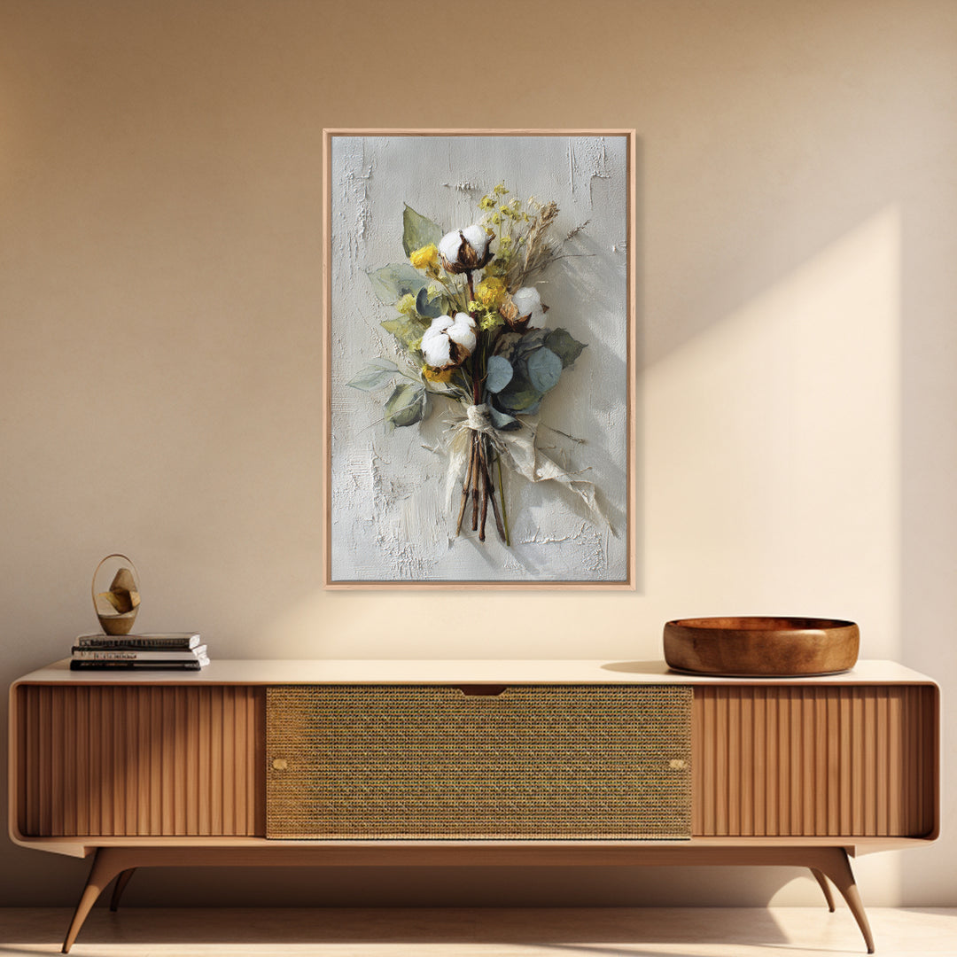 Farmhouse Wreath of Cotton Stems and Eucalyptus Canvas Print, Farmhouse Art, Statement Artwork, Farmhouse Decor, Harvest, FAR-2x3-4