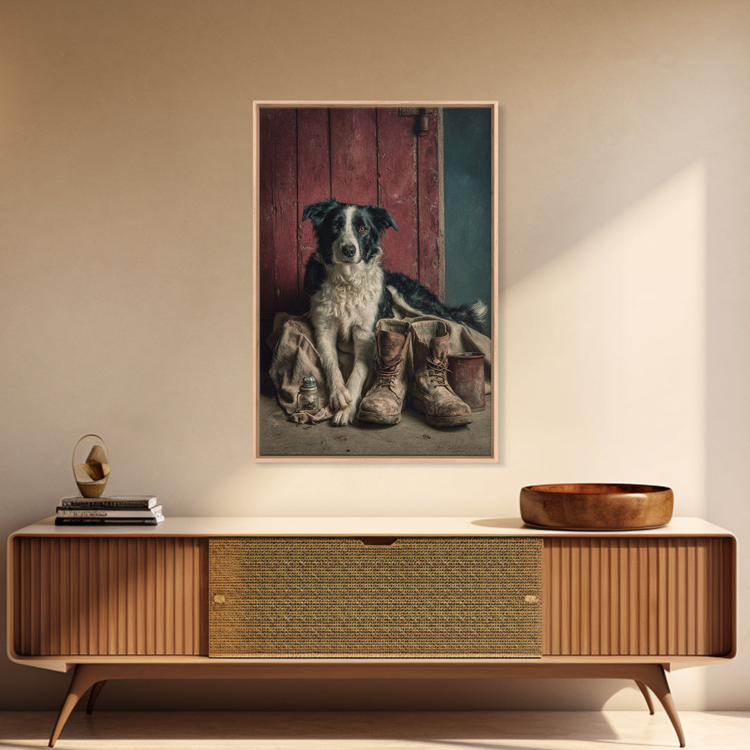 Farm Dog Lying Beside Weathered Boots Framed Canvas Print, Farmhouse Art, Wall Decor, Farmhouse Decor, Abstract Art, Harvest, FAR-2x3-41