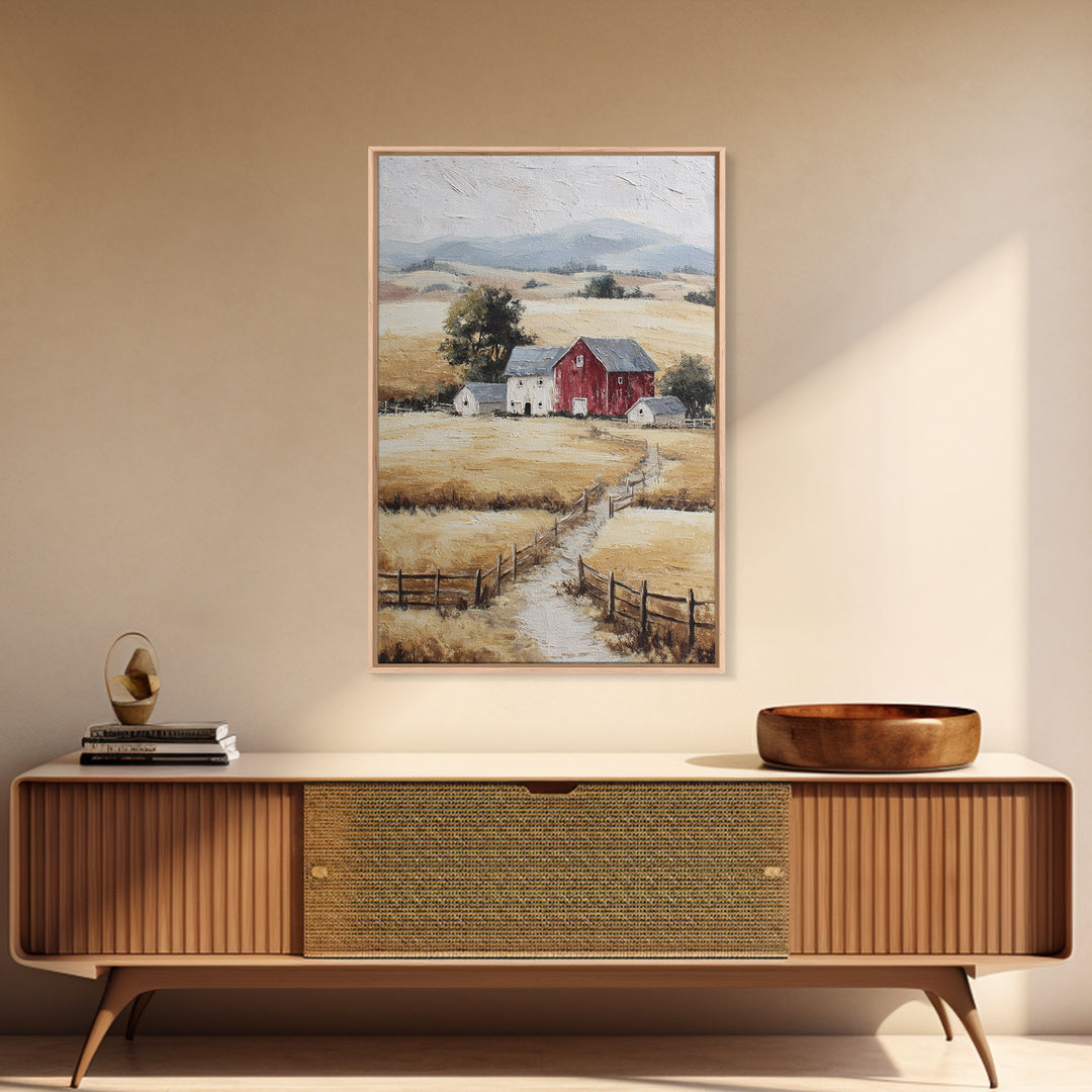 Country Landscape with Fence and Rolling Hills Framed Canvas Print, Farmhouse Art, Textured Painting, Farmhouse Decor, Harvest, FAR-2x3-46