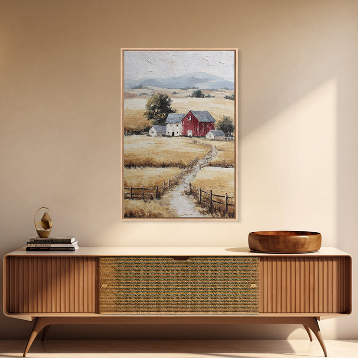 Country Landscape with Fence and Rolling Hills Framed Canvas Print, Farmhouse Art, Textured Painting, Farmhouse Decor, Harvest, FAR-2x3-46