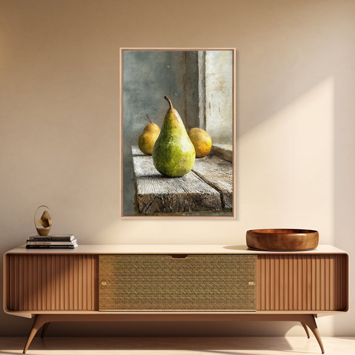 Rustic Pear Still Life on Plank Wood Framed Canvas Print, Farmhouse Art, Room Decor, Farmhouse Decor, Oil Painting, Harvest, FAR-2x3-51