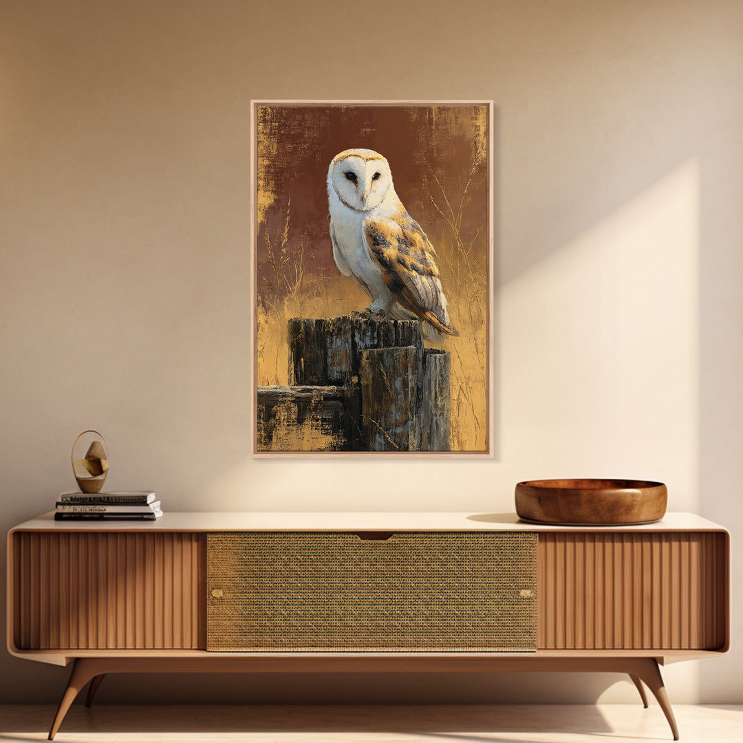 Barn Owl Perched on Aged Wood Framed Canvas Print, Farmhouse Art, Textured Painting, Farmhouse Decor, Fine Art, Harvest, FAR-2x3-55