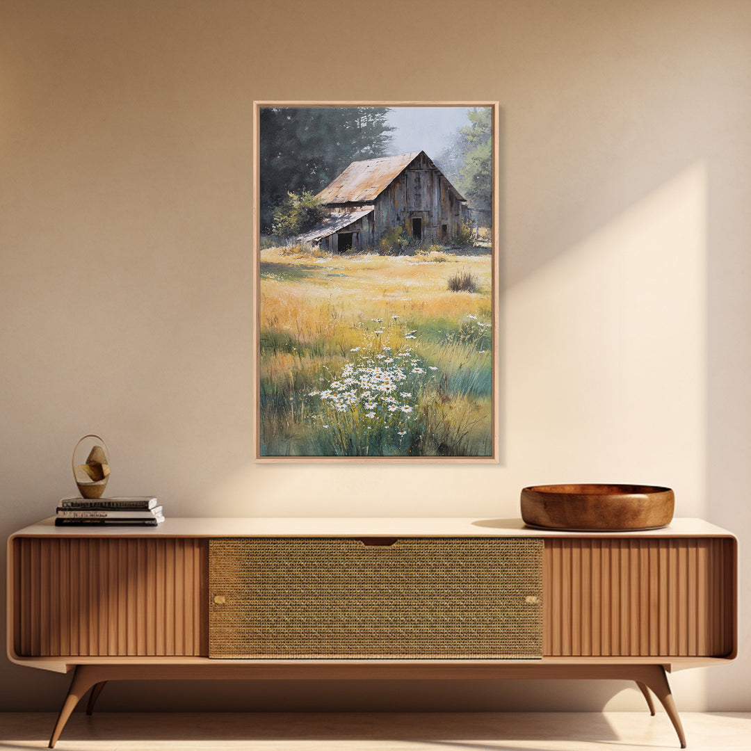 Rustic Barn in Golden Field Light Canvas Print, Farmhouse Art, Digital Prints, Farmhouse Decor, Harvest, Watercolor Painting, FAR-2x3-58