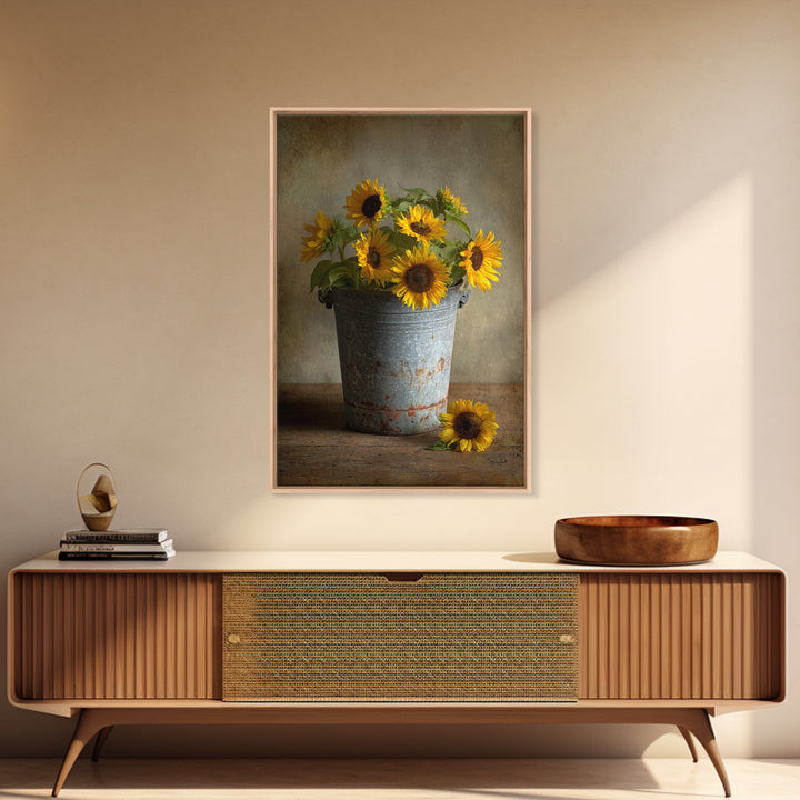 Sunflowers in a Galvanized Metal Bucket Framed Canvas Print, Farmhouse Art, Art, Farmhouse Decor, Watercolor Art, Harvest, FAR-2x3-59