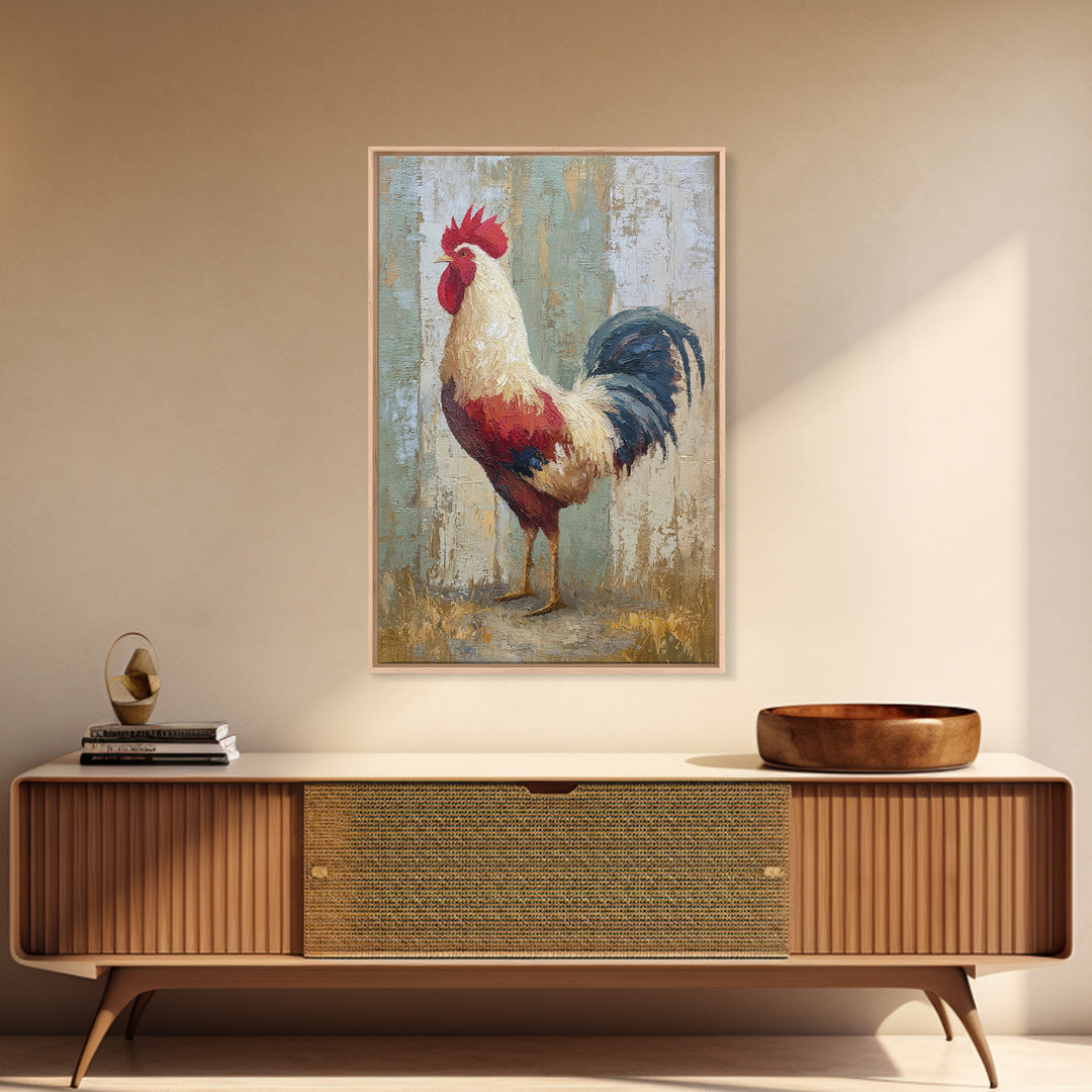 Rooster Painted in Cheerful Folk Colors Framed Canvas Print, Farmhouse Art, Wall Art, Farmhouse Decor, Fine Art, Harvest, FAR-2x3-60