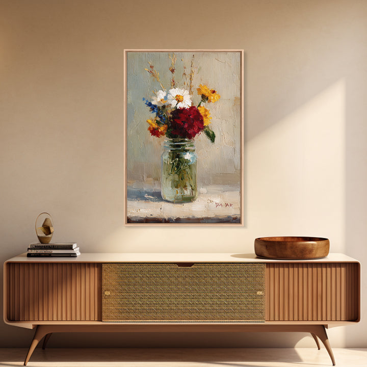 Wildflowers in a Mason Jar on Linen Framed Canvas Print, Farmhouse Art, Wall Decor, Farmhouse Decor, Fine Art, Harvest, FAR-2x3-63